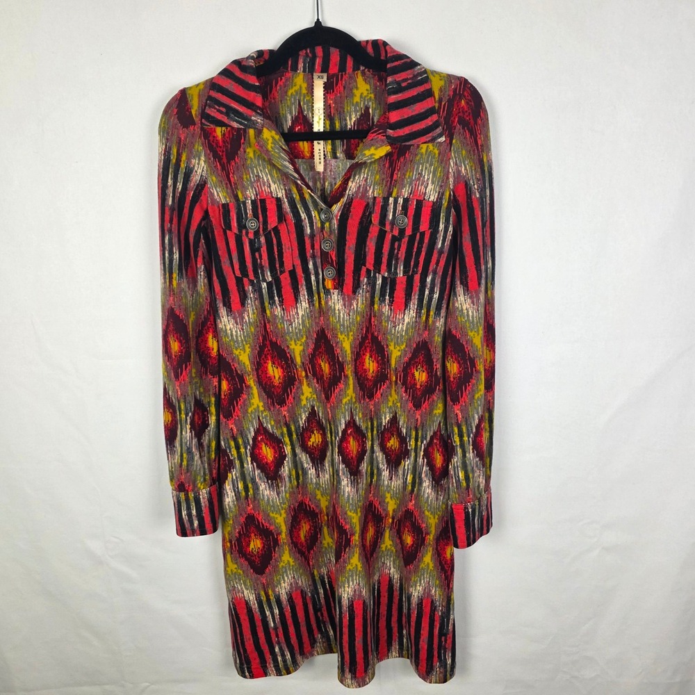 Uncle Frank Womens XS Red Ikat Knit Long‎ Sleeve Button Front Tunic Dress 72015
